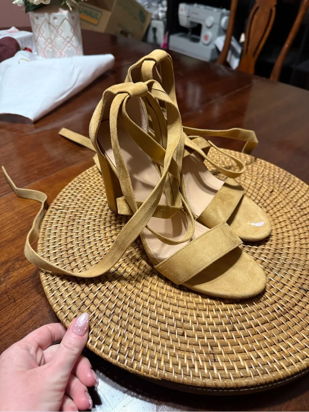 Suede Strappy Lace-Up‎ Sandals in Camel